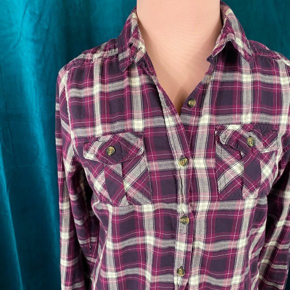 Merona Plaid Button Up Long Sleeve Shirt Purple - Picture 2 of 6